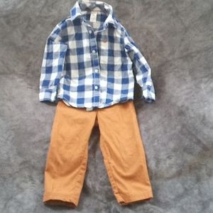Beautiful two-piece Carter's blue & white plaid shirt with tan pants set size 2T